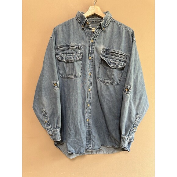 Vtg Men’s Trail Designs Cotton Denim Jean Button Down Shirt Pockets Size Large - Picture 1 of 12